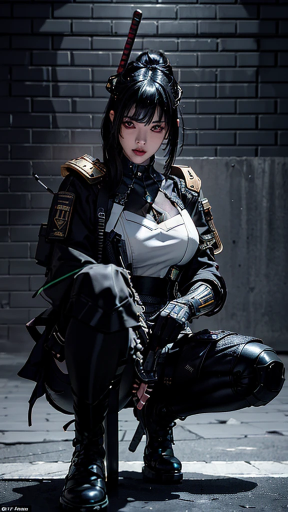 Surreal version of a woman kneeling down on one knee with sword in hand, very beautiful cyberpunk samurai,Sitting on one knee,Futuritic background,  cyberpunk anime art, cyberpunk samurai, cyberpunk city anime art, cyberpunk anime, cgsociety 9, digital cyberpunk anime art, style of maciej kuciara .1girl, samurai armor, devil mask helmet, intricate, detailed ornaments, cold colors, metallic, Egyptian details, details very complex, realistic lighting, trending on social cgs, glowing eyes, facing camera, Brick wall,neon details, surreal details, full body portrait, Japanese atmosphere, lighting global, shadow, octane rendering, 8k, super sharp lolita.((Best quality)), ((masterpiece)), (details:1.4), 3D, image of a female cyberpunk beautiful,HDR (High Dynamic Range),Beam Range,NVIDIA RTX,Ultra High Resolution,Unreal 5,Subsurface Scattering,PBR Textures,Post-processing,Anisotropic Filtering,Depth of Field, Maximum clarity and sharpness, Multi-layer textures, Albedo and Reflection maps, Surface shadows, Accurate simulation of light-material interaction, Perfect scaling, Octane rendering, Two-tone lighting Color, Wide Aperture, Low ISO, White Balance, Rule of Thirds, 8K RAW,