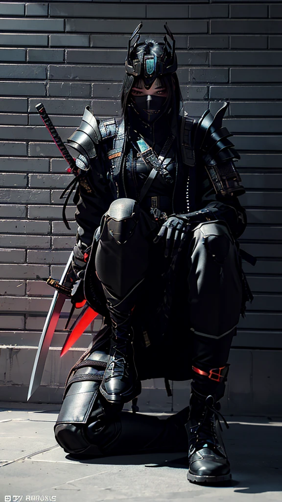 Surreal version of a woman kneeling down on one knee with sword in hand, very beautiful cyberpunk samurai,Sitting on one knee,Futuritic background, cyberpunk anime art, cyberpunk samurai, cyberpunk city anime art, cyberpunk anime, cgsociety 9, digital cyberpunk anime art, style of maciej kuciara .1girl, samurai armor, devil mask helmet, intricate, detailed ornaments, cold colors, metallic, Egyptian details, details very complex, realistic lighting, trending on social cgs, glowing eyes, facing camera, Brick wall,neon details, surreal details, full body portrait, Japanese atmosphere, lighting global, shadow, octane rendering, 8k, super sharp ta.((Best quality)), ((masterpiece)), (details:1.4), 3D, image of a female cyberpunk beautiful,HDR (High Dynamic Range),Beam Range,NVIDIA RTX,Ultra High Resolution,Unreal 5,Subsurface Scattering,PBR Textures,Post-processing,Anisotropic Filtering,Depth of Field, Maximum clarity and sharpness, Multi-layer textures, Albedo and Reflection maps, Surface shadows, Accurate simulation of light-material interaction, Perfect scaling, Octane rendering, Two-tone lighting Color, Wide Aperture, Low ISO, White Balance, Rule of Thirds, 8K RAW,