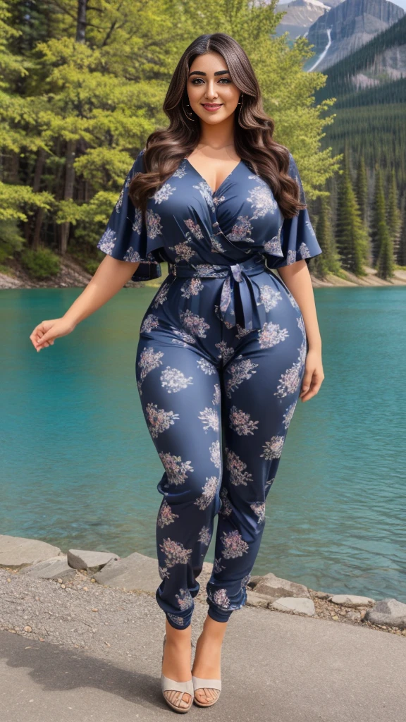 monali thakur Indian beautiful actress curvy plus size hour glass bulky huge figure woman, closeup camera view, big huge m-cup breast, wearing Allover Print Batwing Sleeve Belted Jumpsuit(Random Print) Color: Navy Blue , covered Bust , elegant standing position, eye contact view, different style hairstyle, bright eyes, thin eyebrows, fair skin, blushing cheeks, prefect head to toe view, full body, and expansive views, ideal for high-fashion or editorial shoots, ultra realistic skin texture, head to toe view, full body shot, full body view, smile face, black hair, Indian face, perfect skin tone light, ultra realistic skin texture, bigger waist, busty, big hips, fleshy thighs, thick thighs, busty, full body view, Banff National Park, Canada: Majestic mountains, turquoise lakes, and pristine wilderness.