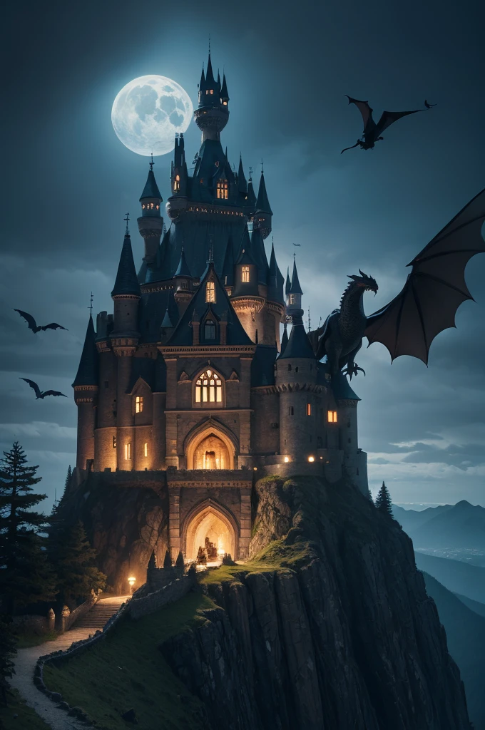 Castle on a mountain,dark night with dragon and birds