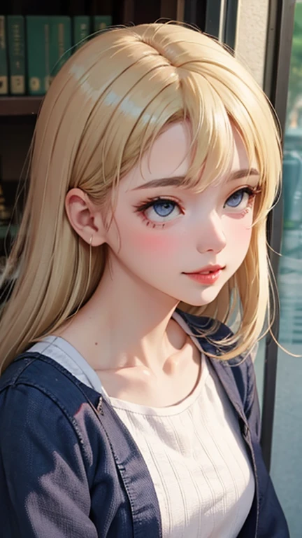 blush a little and smile, (Top quality masterpiece:1.2) Delicate illustrations, Very detailed, /Beautiful Japanese Women、1 person,Very cute and slim、Great style 、((8K images、super high quality))、Very delicate face, Skin and Hair、beautifule forehead、Red lipstick、(((((Mid-length hair、Blonde))))),Very cute Japanese cut face、Eyes and nose are clearly visible、Kind eyes,((((Casual Fashion))))