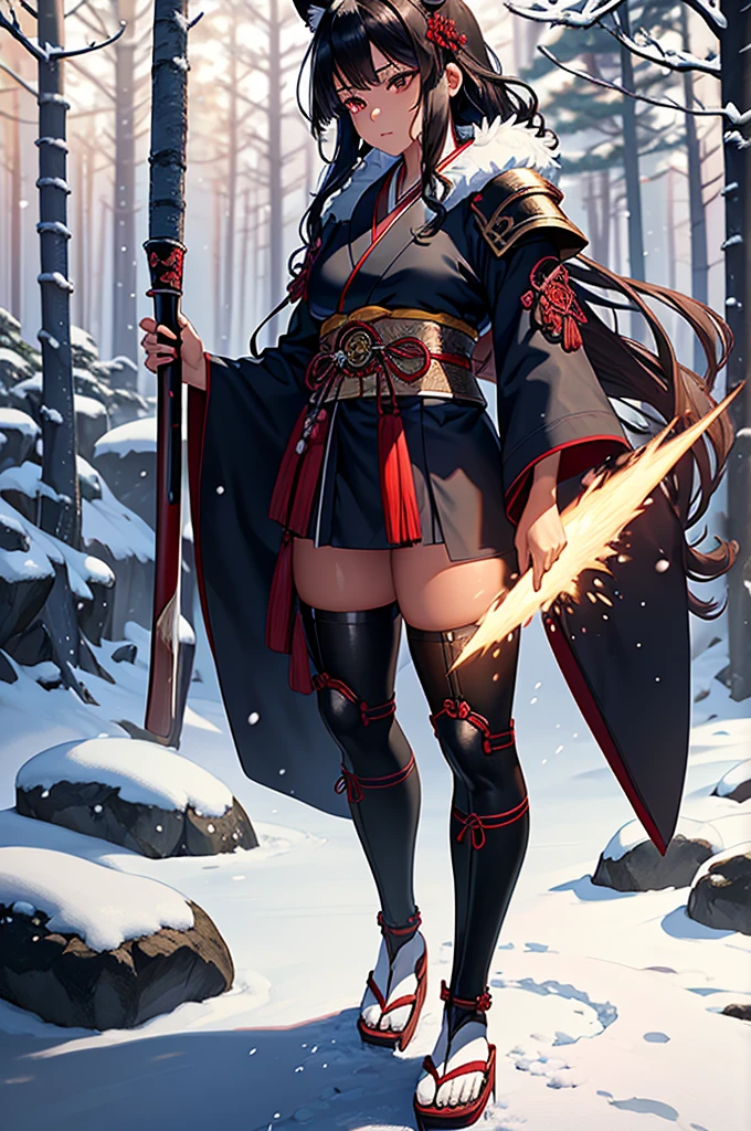 ((masterpiece, top quality, super definition, high definition)), solo, cinematic lighting, detailed outfit, rich in details, ray tracing ultra detailed, (1woman:1.3), (Japanese snowy forest landscape:1.3)side view, sharp focus, long black hair (curly hair)brown eyes, scars on her face, dark skin woman, wolf tail and ears, fantasy, holding a long black red white katana, small breast, shogun, Anime style, masculine body, flowing dark blue kimono adorned with red, white, fur, and black detailing. traditional geta footwear, ancient Japan, armor pad, red moon