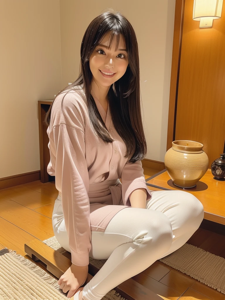rie,One Woman,(best quality), (ultra detailed), (absolutely resolution),Face is front, 32 years old, Brush your hair up, Long shirt and leggings, The color of the clothes is clear white., Check the pattern of the clothes, Black Hair, smile, Japanese-style room with open-air bath、Enjoy the Japanese atmosphere in a charming space