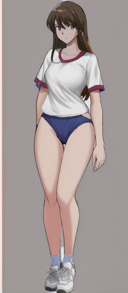 A tall, beautiful woman with beautiful legs is standing in a white gym suit and light navy blue bloomers that look like panties.。