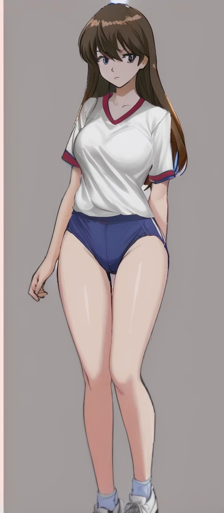 A tall, beautiful woman with beautiful legs is standing in a white gym suit and light navy blue bloomers that look like panties.。