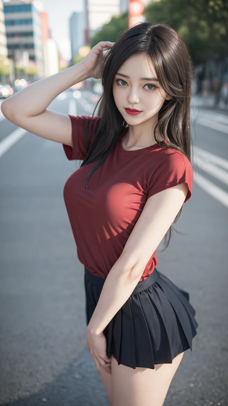 ((1 lady wearing, Red T-shirt)), ((Dark blue pleated skirt)), ((Standing on the road)), (Casual Uniform), (zoom camera in the crotch, angle from below), looking to the side, very smile, blushing, ((background new york cityscape)), distressed, reluctant, glare, (sexual arousal:1.5, ) , NSFW, 8k, RAW photo, masterpiece, absurdity, top quality, high resolution: 1.1, ultra-detail, hyper-realistic: 1.4, realistic, photorealistic: 1.3, cinema light, film grain, closeup, full body, depth of field, eye focus, young, 85mm lens, f/1.5, Professional lighting, portrait, photon mapping, radiocity, physically based rendering, transparency, soft light, realistic face, realistic body, realistic skin, clean: 1.8, fat body, Grey hair, hairstyle to match the trend of Japan in 2023, big-breast:1.2, blusher, good style, (very dark lip gloss, bright red lipstick, so many eyelashes, blue eyes, pitch black eyeshadow big-breast), company, camel toe, long legs, PureErosFace_V1: 0.8, dynamic pose