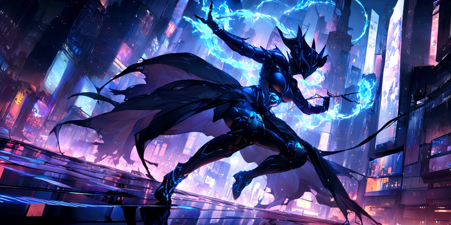 ((masterpiece, Highest quality, Best image quality, High resolution)) 一人の大きなReadying a bow and arrowの仮面の悪魔、Readying a bow and arrow、Glowing blue eyes and advanced cybernetic enhancements. One masked demon is seen in a dynamic action pose, neon, reflection on a smooth surface. The cityscape below is filled with towering skyscrapers., illuminated by colorful holographic advertisements, Shining with blue energy, Mighty power. The overall atmosphere is dark and mysterious., It had a futuristic techno vibe.. The lighting is dramatic, Intense highlights and deep shadows, Creates depth and tension. Color Palette