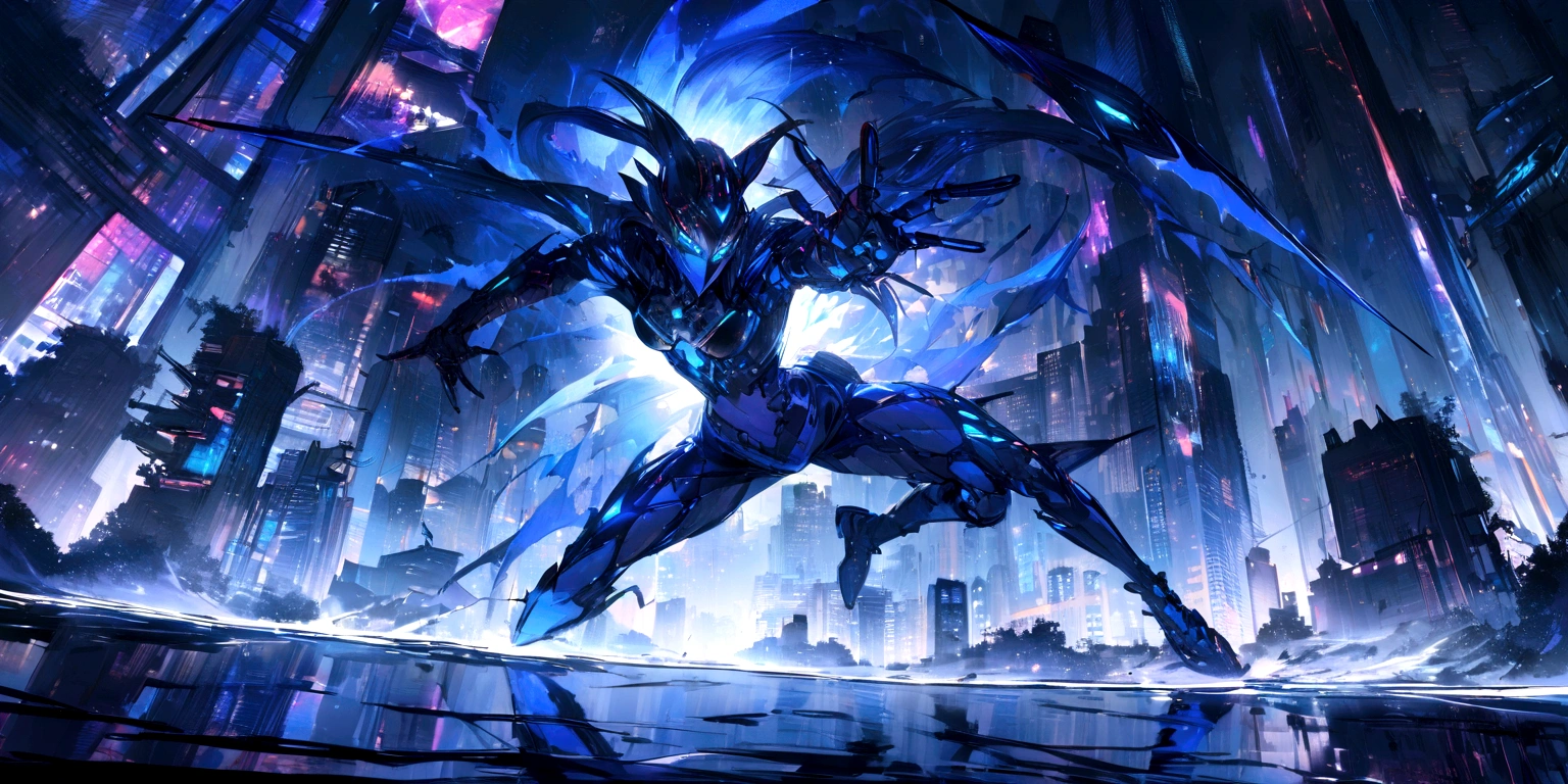 ((masterpiece, Highest quality, Best image quality, High resolution)) 一人の大きなReadying a bow and arrowの仮面の悪魔、Readying a bow and arrow、Glowing blue eyes and advanced cybernetic enhancements. One masked demon is seen in a dynamic action pose, neon, reflection on a smooth surface. The cityscape below is filled with towering skyscrapers., illuminated by colorful holographic advertisements, Shining with blue energy, Mighty power. The overall atmosphere is dark and mysterious., It had a futuristic techno vibe.. The lighting is dramatic, Intense highlights and deep shadows, Creates depth and tension. Color Palette