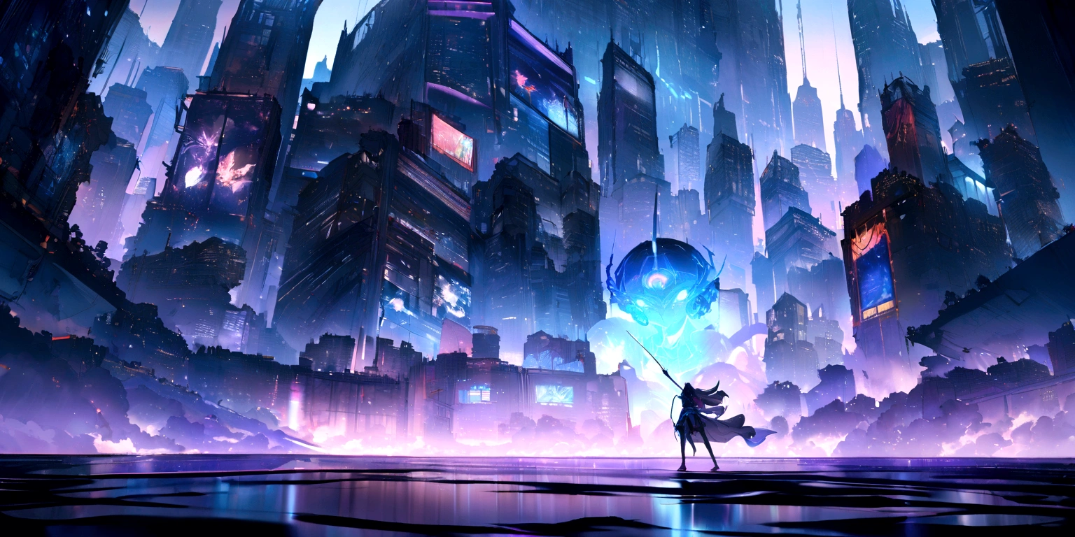 ((masterpiece, Highest quality, Best image quality, High resolution)) 一人の大きなReadying a bow and arrowの仮面の悪魔、Readying a bow and arrow、Glowing blue eyes and advanced cybernetic enhancements. One masked demon is seen in a dynamic action pose, neon, reflection on a smooth surface. The cityscape below is filled with towering skyscrapers., illuminated by colorful holographic advertisements, Shining with blue energy, Mighty power. The overall atmosphere is dark and mysterious., It had a futuristic techno vibe.. The lighting is dramatic, Intense highlights and deep shadows, Creates depth and tension. Color Palette