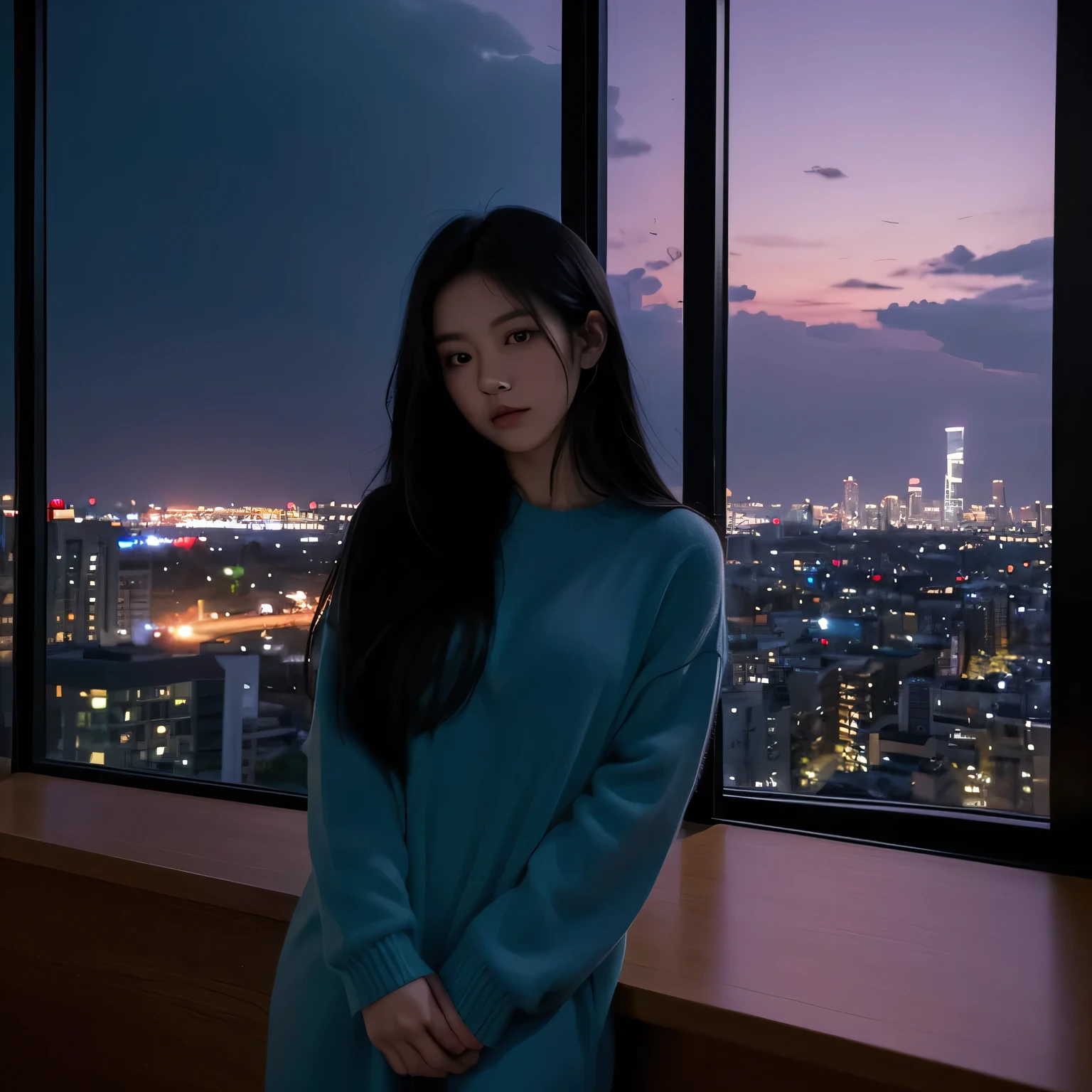 Single album cover showing a young Asian woman with long black hair leaning on a window sill and looking at a cityscape at night. She looks introverted and depressed. Her reflection in the window should be clear and undistorted and should display a thoughtful and reflective expression.. The background is urban and modern., The city lights softly illuminate her face, giving it a warm glow.. The color palette includes deep blues and purples, enhancing the dreamy atmosphere of the night and reflecting an atmosphere of solitude and memories.