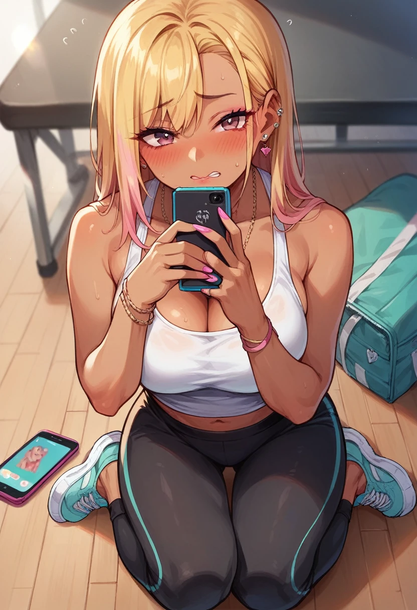 ((sexy girl ,gyaru))nsfw,glamorous, yoga wear.point the smart phone,embarrassed,blush,looking at viewer,crawling position on their hands and knees