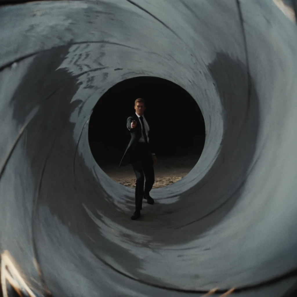 UHD, 4k, ultra detailed, cinematic, a photograph of a man in a suit is standing inside a large pipe in the end shooting gun at camera is seen through a tunnel hole,solo,short hair,long sleeves,1boy,male focus,pants,walking,running,wide shot , Gun barrel hole,  gun barrel's interior,  pinhole camera, Gun barrel sequence style, epic, beautiful lighting, inpsiring