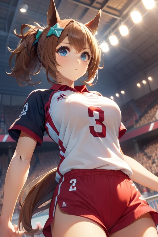 taiki shuttle \(umamusume\), volleyball, multiple girls, sportswear, stadium