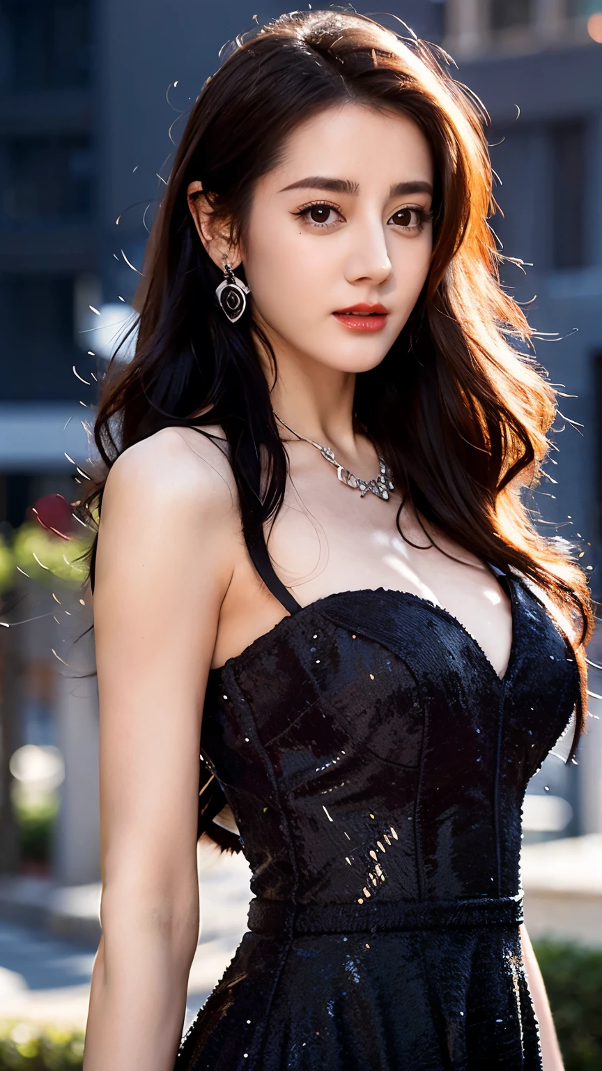 Ultra HD resolution，artistic photos，Photography，21year girl,earrings,long hair,Black background,Black backless dress,necklace,cowboy shot,H cup，Showing cleavage，Expose more breasts，Amazing breast size，Erect nipples，Expose the areola，Bigger breasts，Smooth and beautiful back，Completely bare back，Cold white skin，Big buttocks，Messy hair，Messy hair，Ruddy face