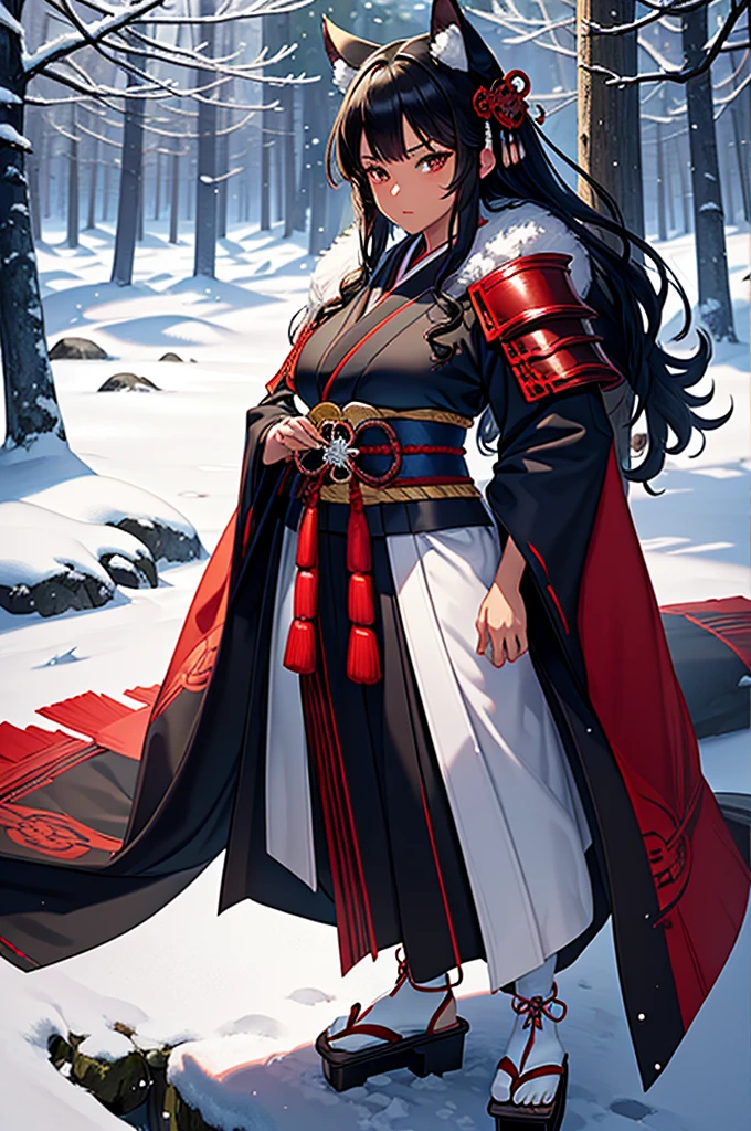 ((masterpiece, top quality, super definition, high definition)), solo, cinematic lighting, detailed outfit, rich in details, ray tracing ultra detailed, (1woman:1.3), (Japanese snowy forest landscape:1.3)side view, sharp focus, long black hair (curly hair)brown eyes, scars on her face, dark skin woman, wolf tail and ears, fantasy, holding a long black red white katana, small breast, shogun, Anime style, masculine body, flowing dark blue kimono adorned with red, white, fur, and black detailing. traditional geta footwear, ancient Japan, armor pad, red moon