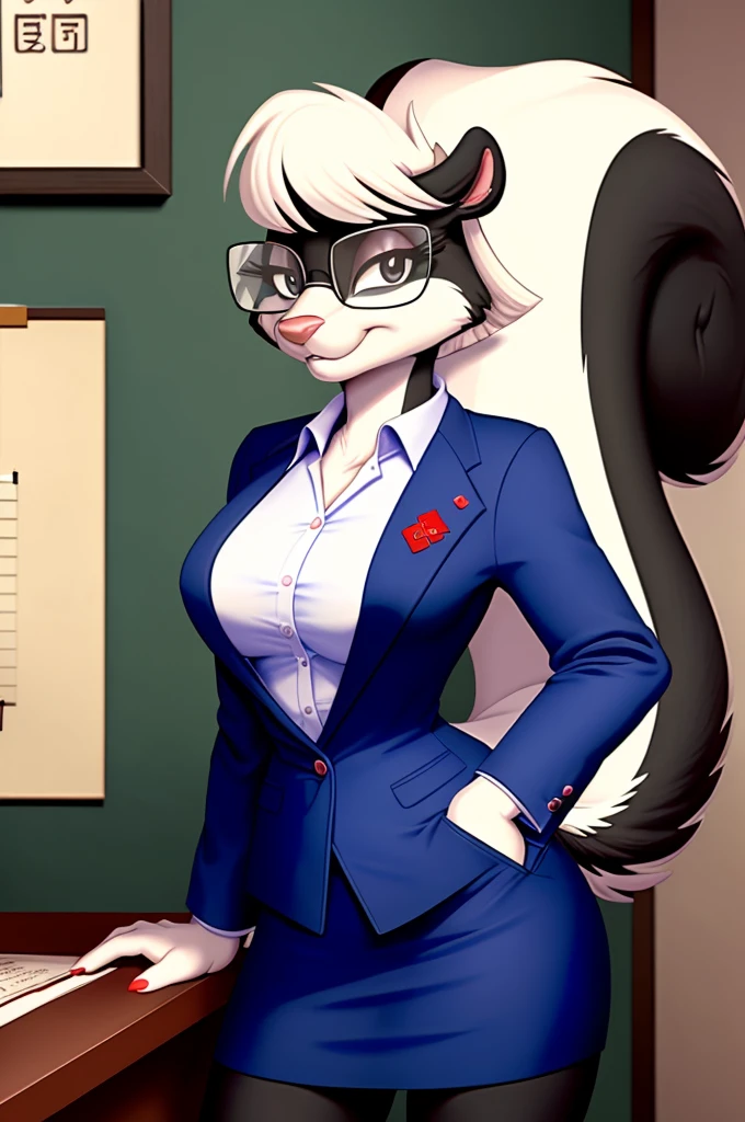 sabrina, uploaded to e621, female,  anthro, skunk girl, tail, black eyes, glasses, (japanese woodprint ukiyo-e style:1.2), medium breasts, (office lady, business suit skirt:1.1), detailed female face, detailed eyes, office, solo, detailed fluffy fur, (high detail) (airbrush:1.1), detailed expressive eyes, standing,