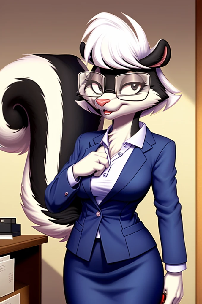 sabrina, uploaded to e621, female,  anthro, skunk girl, tail, black eyes, glasses, (japanese woodprint ukiyo-e style:1.2), medium breasts, (office lady, business suit skirt:1.1), detailed female face, detailed eyes, office, solo, detailed fluffy fur, (high detail) (airbrush:1.1), detailed expressive eyes, standing,