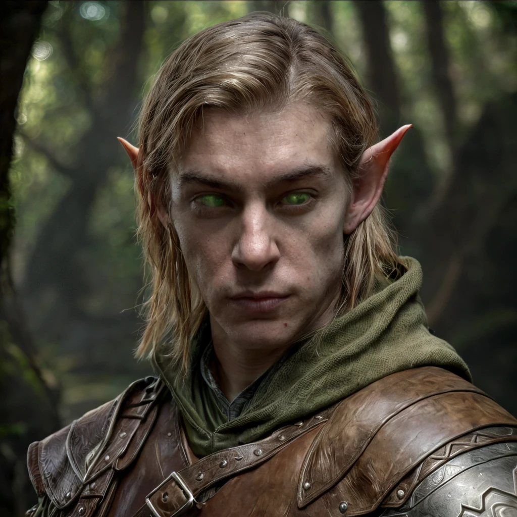 (masterpiece)+, (extremely (realistic)+,a portrait of an extremely ugly young male elf ranger, Wearing leather armor, extremely sharp facial features, bad skin, scars, skin imperfections, angry proud stare. Looking in camera. volumetrics dtx, Photorealistic, ultra detailed, Artstation trending, very very detailed, realistic shaded lighting, dynamic shadows, detailed dark alley background, upper body, professional photograph of a detailed skin, sharp focus, dramatic, award winning, cinematic lighting, octane render, unreal engine, volumetrics dtx, Photorealistic, ultra detailed, Artstation trending, very very detailed, hyperrealistic, fine details, realistic shaded lighting, dynamic shadows, Dark alley background, add_detail:1, skin pores and wrinkles, details.,More Reasonable Details