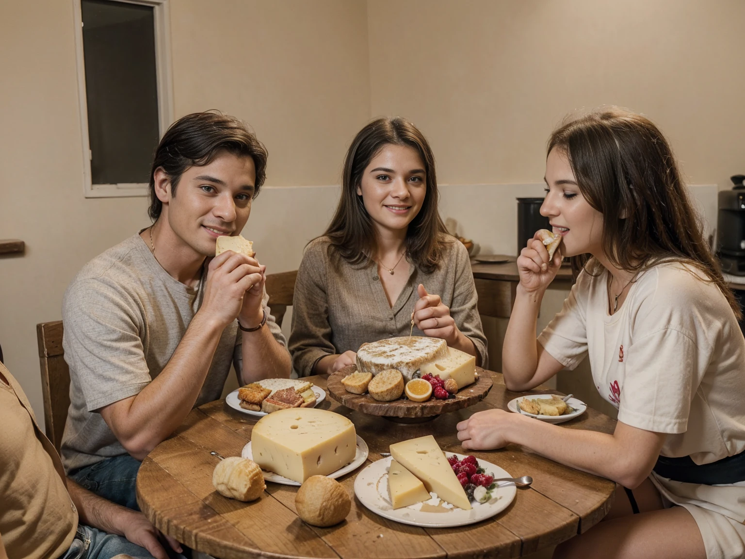 family of ((man and woman who are (over 45 years old)) and ((children boy and girl (12 years old each)) sitting at the table with food, Eating cheese, Warm and joyful atmosphere, shutterstock, stock image, stock image, stock image, promotional image, useful image, promotional photo, good morning, Family dinner, photo stop, delicious, cheese on the table, stock, artistic interpretation, slice of life, on trend, youtube thumbnail, portrait shot, Noon