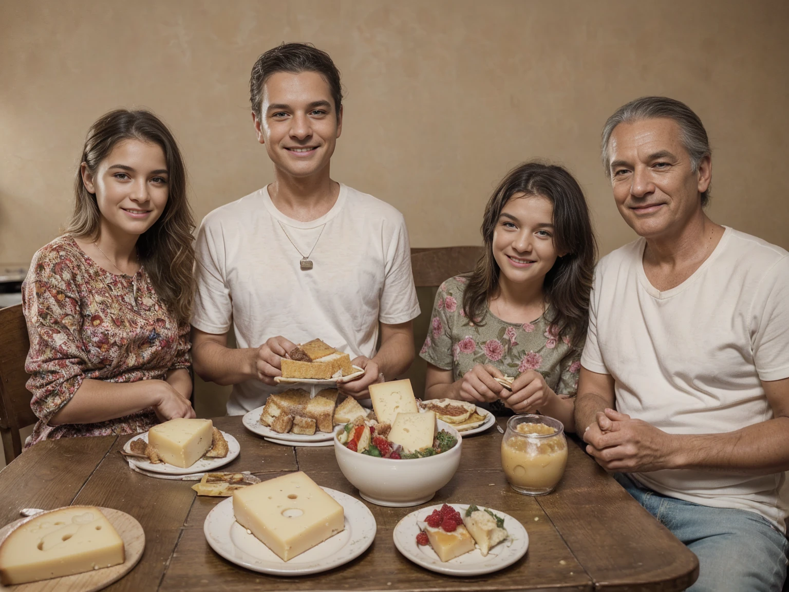 family of ((man and woman who are (over 45 years old)) and (( boy and girl (12 yearssitting at the table with food, Eating cheese, Warm and joyful atmosphere, shutterstock, stock image, stock image, stock image, promotional image, useful image, promotional photo, good morning, Family dinner, photo stop, delicious, cheese on the table, stock, artistic interpretation, slice of life, on trend, youtube thumbnail, portrait shot, Noon