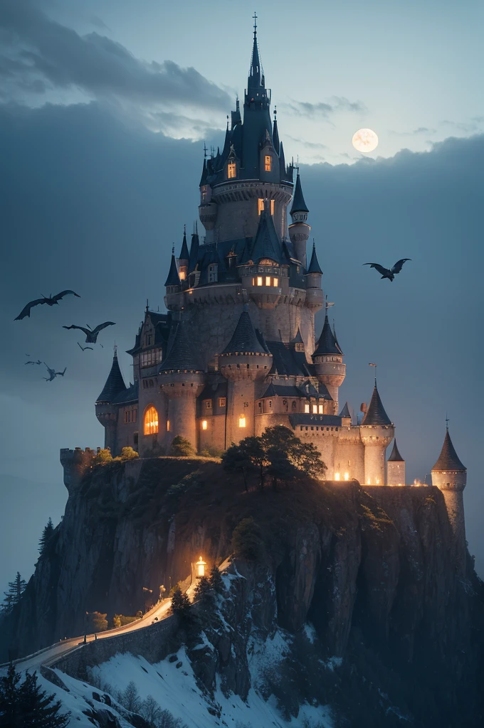 Castle on a gloomy night mountain,with birds and dragon