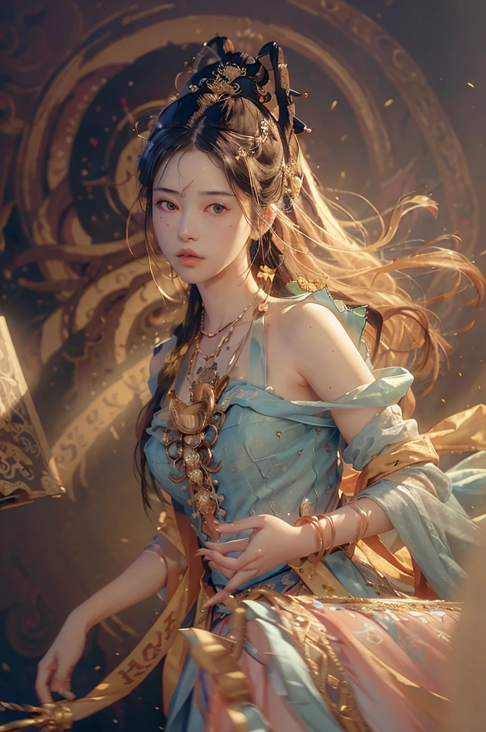 (RAW photo, best quality), (realistic, photo-realistic:1.3),best quality,highly detailed,masterpiece,ultra-detailed,illustration,1girl,upper_body,dynamic angle,world masterpiece theater,messy_long_hair,best quality,extremely detailed CG unity 8k wallpaper,ink,Amazing,cinematic lighting,lens_flare,,dunhuang_style
