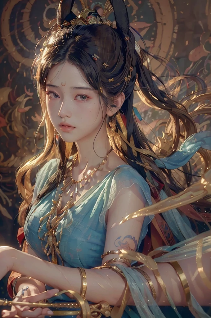 (RAW photo, best quality), (realistic, photo-realistic:1.3),best quality,highly detailed,masterpiece,ultra-detailed,illustration,1girl,upper_body,dynamic angle,world masterpiece theater,messy_long_hair,best quality,extremely detailed CG unity 8k wallpaper,ink,Amazing,cinematic lighting,lens_flare,,dunhuang_style