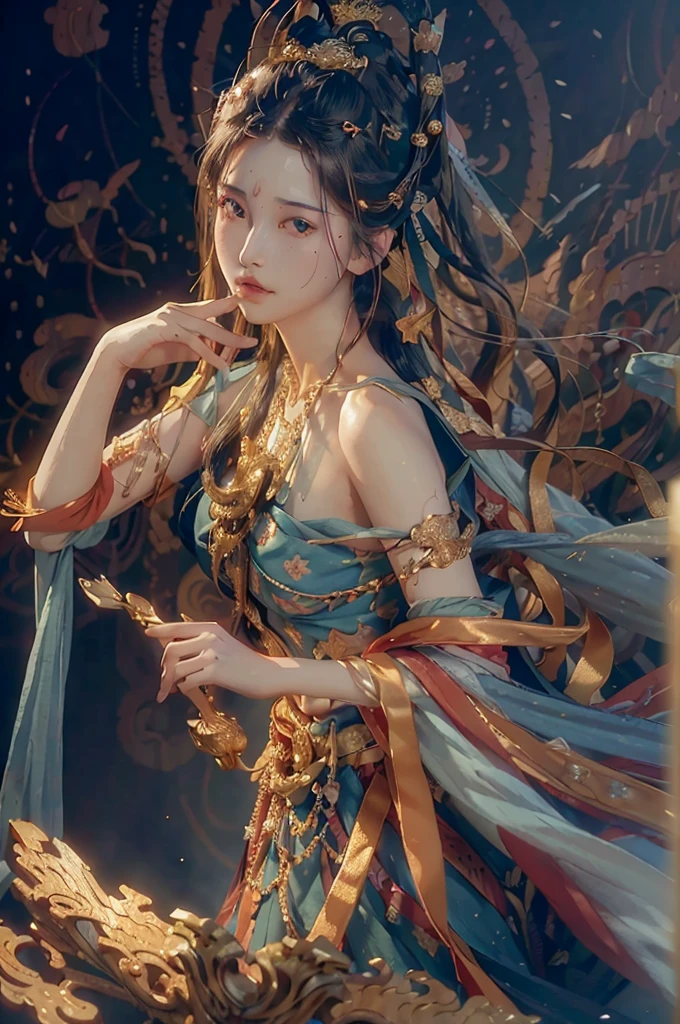 (RAW photo, best quality), (realistic, photo-realistic:1.3),best quality,highly detailed,masterpiece,ultra-detailed,illustration,1girl,upper_body,dynamic angle,world masterpiece theater,messy_long_hair,best quality,extremely detailed CG unity 8k wallpaper,ink,Amazing,cinematic lighting,lens_flare,,dunhuang_style