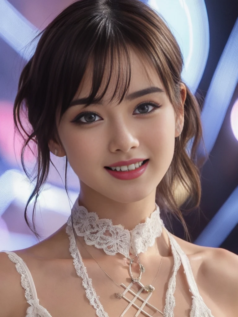 highest quality, masterpiece, ultra high resolution, (realistic:1.4), (portrait facing each other) Raw photo, 1 girl, 26 years old,((sister)),((Short hair with sparkly tiara)),((looking up at the viewer)),realistic,((Simple solid color background)), picture media chest)),((toothy smile)),