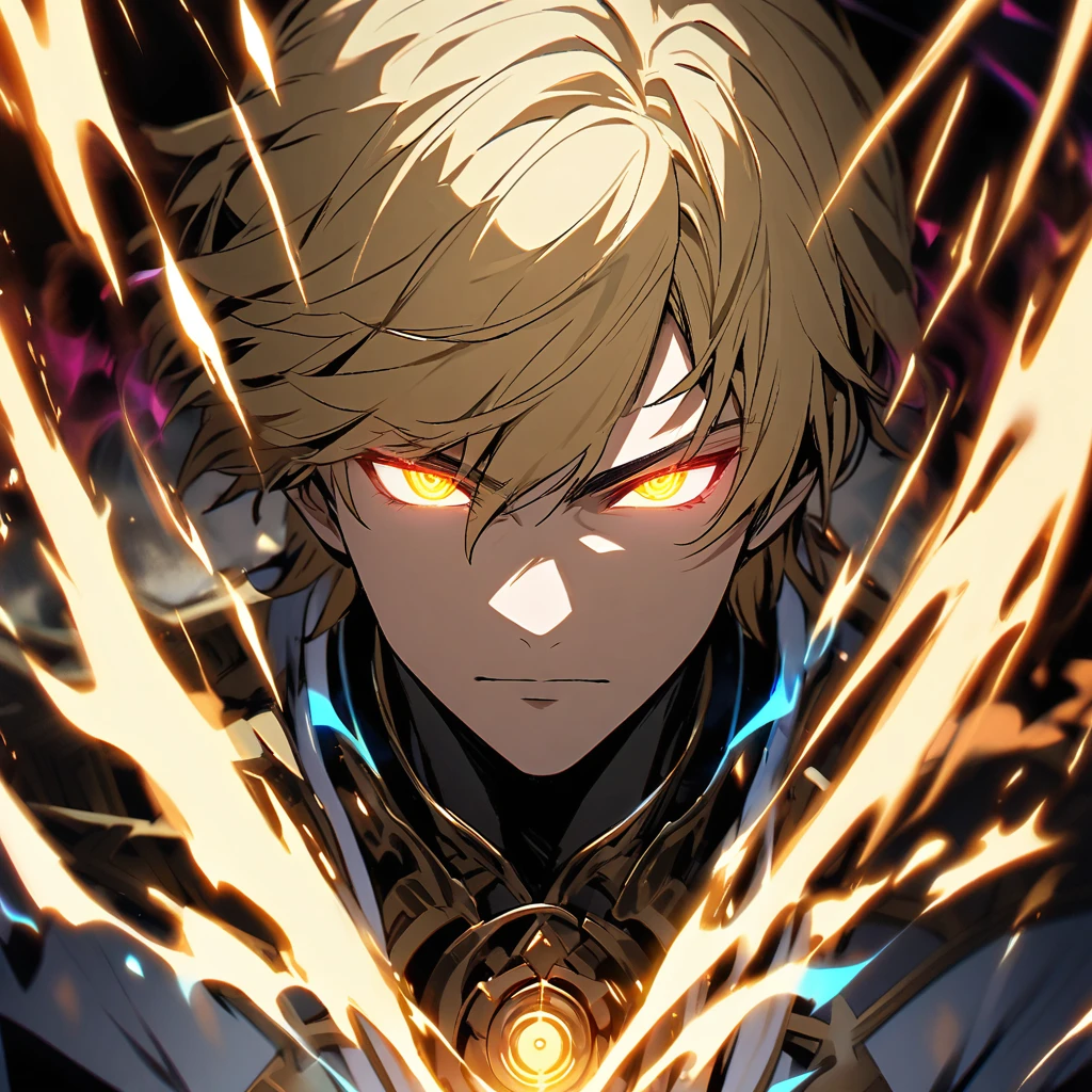 male, solo, handsome, blond hair, god, god eyes, glowing eyes, light, aura, holo, golden