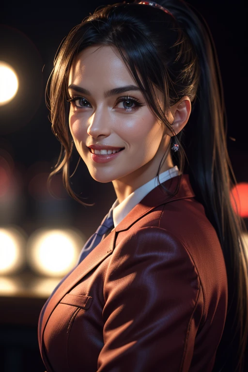 a gorgeous middle-aged busty woman, ponytail, blazer, beautiful smile showing teeth, pov, lover, cinematic lighting, (best quality,4k,8k,highres,masterpiece:1.2),ultra-detailed,(realistic,photorealistic,photo-realistic:1.37),HDR,UHD,studio lighting,ultra-fine painting,sharp focus,physically-based rendering,extreme detail description,professional,vivid colors,bokeh,portrait,photorealistic,cinematic,dramatic lighting