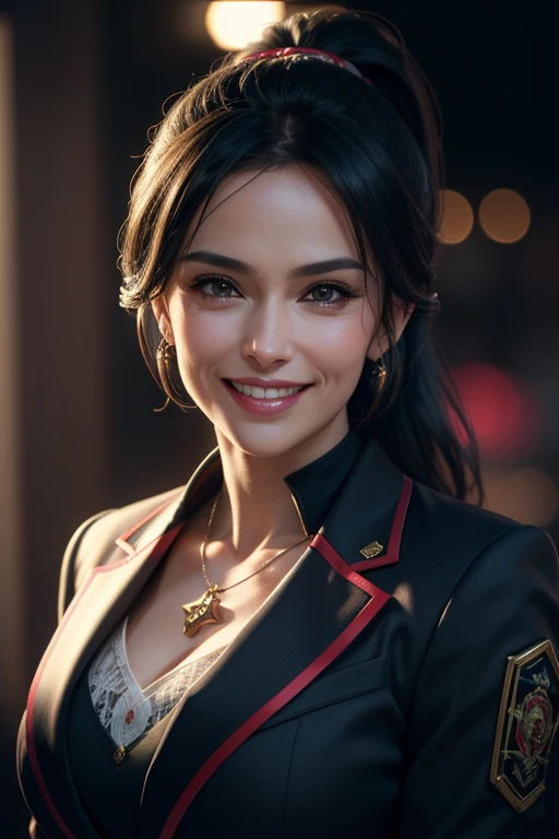 a gorgeous middle-aged busty woman, ponytail, blazer, beautiful smile showing teeth, pov, lover, cinematic lighting, (best quality,4k,8k,highres,masterpiece:1.2),ultra-detailed,(realistic,photorealistic,photo-realistic:1.37),HDR,UHD,studio lighting,ultra-fine painting,sharp focus,physically-based rendering,extreme detail description,professional,vivid colors,bokeh,portrait,photorealistic,cinematic,dramatic lighting