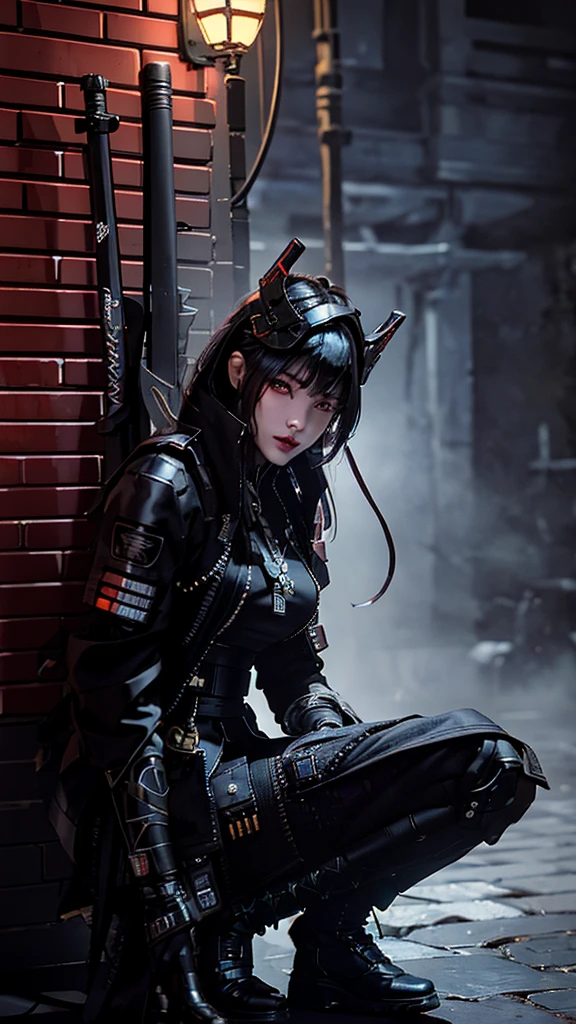 Surreal version of a woman kneeling down on one knee with sword in hand, Sitting on the wall,very beautiful cyberpunk samurai,Sitting on the wall,Futuritic background, cyberpunk anime art, cyberpunk samurai, cyberpunk city anime art, cyberpunk anime, cgsociety 9, digital cyberpunk anime art, style of maciej kuciara .1girl, samurai armor, devil mask helmet, intricate, detailed ornaments, cold colors, metallic, Egyptian details, details very complex, realistic lighting, trending on social cgs, glowing eyes, facing camera, Brick wall,neon details, surreal details, full body portrait, Japanese atmosphere, lighting global, shadow, octane rendering, 8k, super sharp lolita.((Best quality)), ((masterpiece)), (details:1.4), 3D, image of a female cyberpunk beautiful,HDR (High Dynamic Range),Beam Range,NVIDIA RTX,Ultra High Resolution,Unreal 5,Subsurface Scattering,PBR Textures,Post-processing,Anisotropic Filtering,Depth of Field, Maximum clarity and sharpness, Multi-layer textures, Albedo and Reflection maps, Surface shadows, Accurate simulation of light-material interaction, Perfect scaling, Octane rendering, Two-tone lighting Color, Wide Aperture, Low ISO, White Balance, Rule of Thirds, 8K RAW,