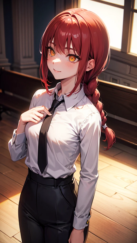 Masterpiece, top quality, best quality, official art, beautiful and aesthetic, anime, 1girl,extremely detailed, colorful, more detailed ((ultra-detailed)), (highly detailed CG illustration),Best Quality, High resolution, Unity 8k Wallpaper, (Illustration:0.8), (Beautiful detailed eyes:1.6), extra detailed face, Perfect Lighting, extremely details CG, (Perfect hands, Perfect Anatomy), makima, long hair, smile, bangs, (small breasts:1.2), (yellow eyes:1.2), braid, red hair, braided ponytail, ringed eyes,cleavage,collarbone,shirt, long sleeves, white shirt, necktie, collared shirt, pants, black pants, formal,black necktie, shirt tucked in,in middle of church, benches,candles, dark light,photo from behind, take of pants, showing panties, bend over