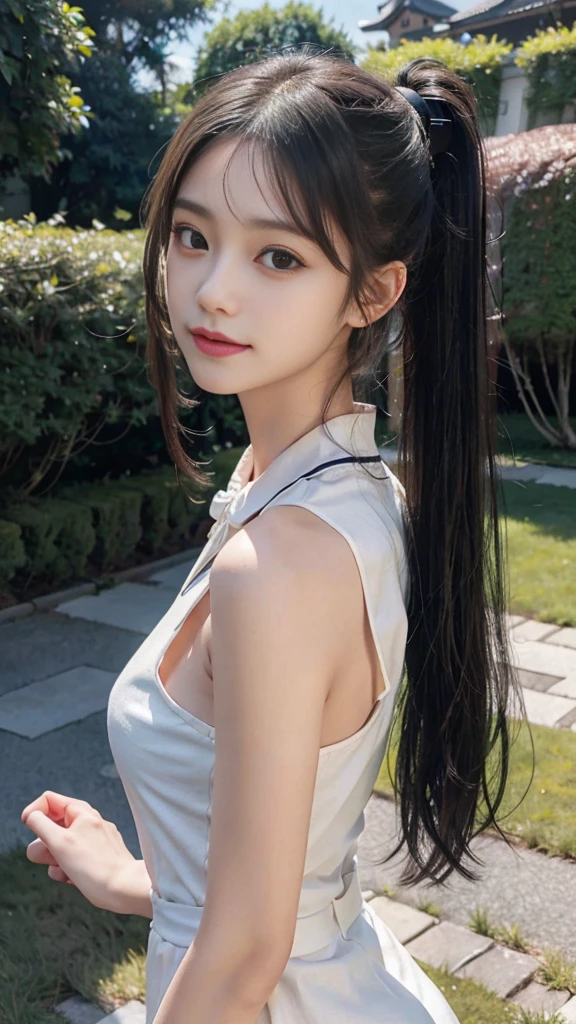 collared dress,European park,On the lawn,Close up face,One woman,masutepiece, The highest image quality, High quality, the background is clear,Beautiful woman, Japanese,Ultra-detailed, finely detail, hight resolution, 8K Wallpaper, Perfect dynamic composition, Beautiful detailed eyes , Detailed, Detailed eyes, Detailed skin, Beautiful skin, 超hight resolution, (reality: 1.4),Very beautiful woman, Slightly younger face, Beautiful skin, slender, (Ultra photo realsisim), (hight resolution), (8K), (Very detailed) (beautifully detailed eyes), (super detailed), (Detailed face), view the viewer, Fine details, Detailed face, Staring straight ahead, Staring straight ahead, photos realistic, Bright lighting, Professional Lighting, Black hair,poneyTail,a baby face,sixteen years old,Hairstyle: ponytail,Long ponytail hairstyle,slight smile,neat and tidy clothing,Beautiful Japanese KPOP idol photo, hair style is ponytail, my eyes are double and wide, baby face, smile and look straight ahead, slender, small breasts,Close up face,