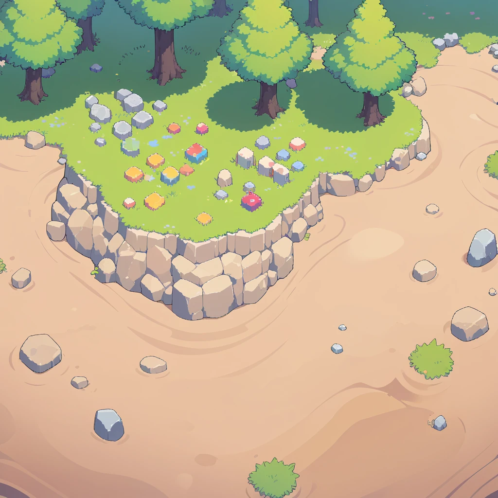 retro video game style,pixelated, vibrant pastel colors,8-bit characters,blocky shapes,sharp lines,detailed shading,classic gaming vibe,nostalgic atmosphere,classic arcade games,masterpiece:1.2,ultra-detailed,illustration style, 2d texture, stone texture, 4 k seamless mud texture, video game texture, dirt texture, tileset, game tiles, grass, trees, rock texture, detailed trees, topdown view, game texture, game art, tileable texture, very detailed cliff texture, intricate stones, top down view, 3/4th perspective