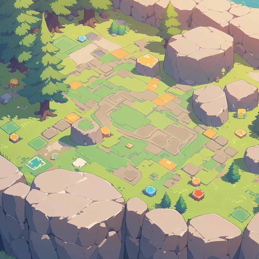 retro video game style,pixelated, vibrant pastel colors,8-bit characters,blocky shapes,sharp lines,detailed shading,classic gaming vibe,nostalgic atmosphere,classic arcade games,masterpiece:1.2,ultra-detailed,illustration style, 2d texture, stone texture, 4 k seamless mud texture, video game texture, dirt texture, tileset, game tiles, grass, trees, rock texture, detailed trees, topdown view, game texture, game art, tileable texture, very detailed cliff texture, intricate stones, top down view, 3/4th perspective