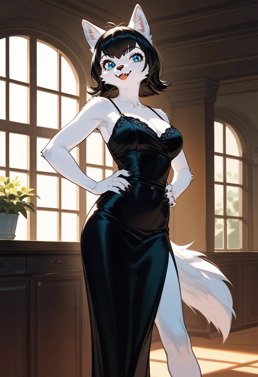Solo, score_9,score_8_up score_7_up, mavis Dracula from hotel transylvania, short black hair, blue eyes, ((she is also an Anthro furry white wolf girl, white furry body, wolf ears and tail)):1.4, indoors, wearing sexy black gown, standing, indoors, hands on hips