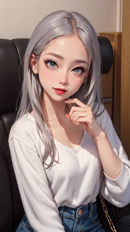 blush a little and smile, (Top quality masterpiece:1.2) Delicate illustrations, Very detailed, /Beautiful Japanese Women、1 person,Very cute and slim、Great style 、((8K images、super high quality))、Very delicate face, Skin and Hair、beautifule forehead、Red lipstick、(((((Mid-length hair、Silver Hair))))),Very cute Japanese cut face、Eyes and nose are clearly visible、Kind eyes,((((Casual Fashion))))
