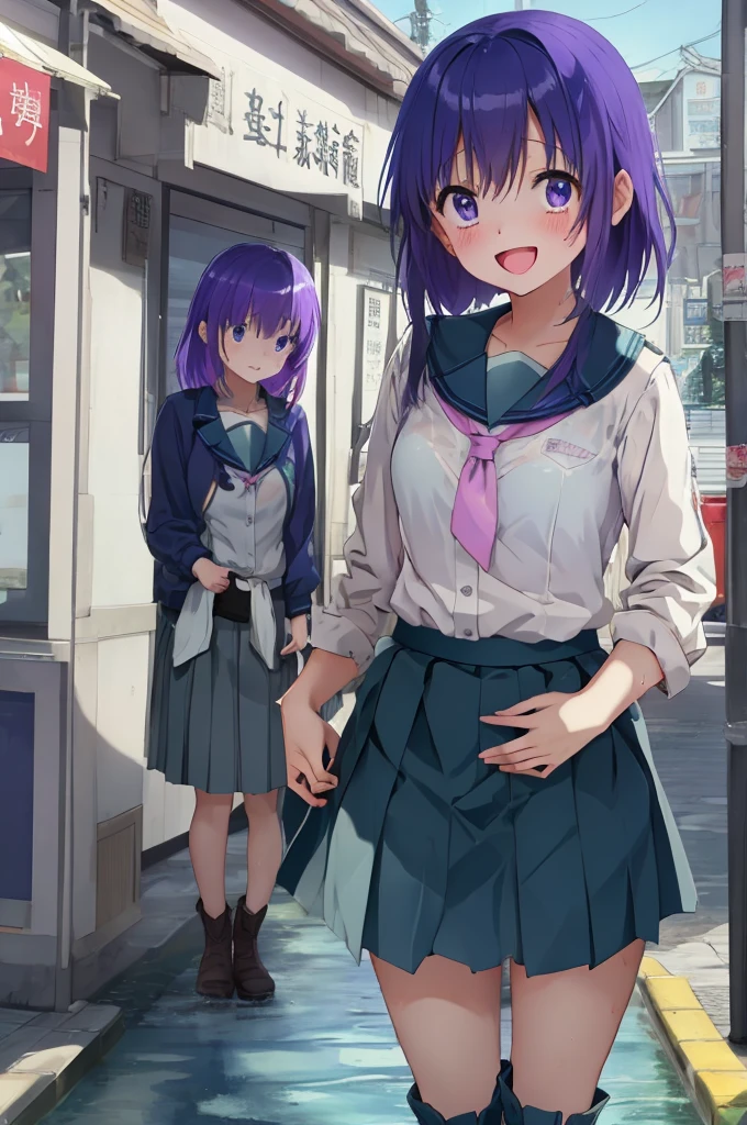 :D、School Anime Girl、青いskirt、Purple Hair、Pink Boots、City of night、In uniform、Open uniform、Wet clothes、skirt、Visible through clothing、bra,Camel Toe、自分で大きくskirtリフト、See-through panties,Small breasts、(Browsing Caution:1.2),Water Drop、Sparkling Water飛沫、Clean air、Splashing Water、Sparkling Water, distress