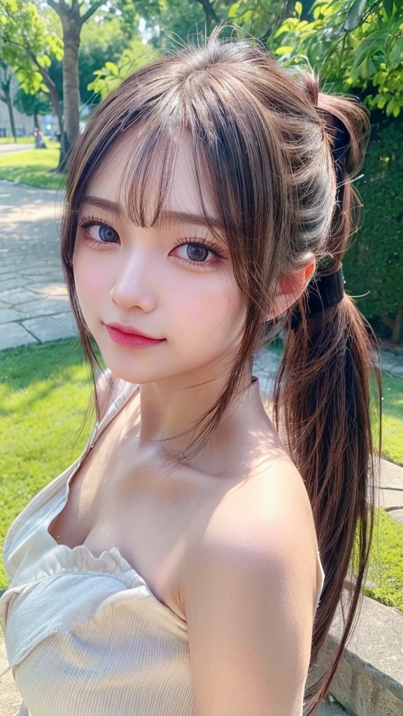 One piece with collar,outdoors,Urban Park,On the lawn,Ultra-detailed, finely detail, hight resolution, 8K Wallpaper, Perfect dynamic composition, Beautiful detailed eyes,Outdoor,Close-up of face,Outdoor,Blushing,Facing forward,,Long hair ponytail,((8k, Raw photo, Best Quality, Mastepiece:1.2), (Realism, Photorealistic:1.4), (Highly detailed 8K wallpapers), Depth of written boundary, Cinematic Lighting, Soft Light, Detailed Beauty Eye,Shiny and smooth light brown ponytail, Asymmetrical bangs, Shiny skin, Ultra-detailed skins ,It is high resolution., High detail, Detailed hairstyle, Detailed facial beauty, Hyper-realistic, Perfect limbs, Perfect Anatomy ,1 Japanese girl,Famous Japanese Idols, Perfect female body,A shy smile,Short eyelashes,Double-edged eyelids,Look straight here,Hair style: ponytail,