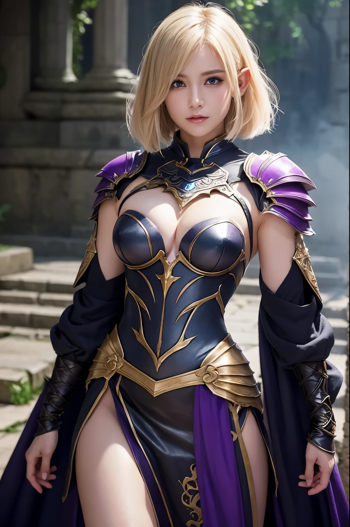 8K,Super beautiful elf with short blonde bob hair、Ala-fed woman in purple and black costume posing with a sword、超詳細なFantasy Characters、3D rendering character art 8K、blue eyes、artgerm;3D Unreal Engine、Fantasy Costume、4 k detail fantasy、2.5 d cgiアニメファンタジーアートワーク、Stunning Armor、Fantasy Characters、Stunning character art、Enchantingなメスマー女性、Gorgeous Female Paladin、Ultra-high resolution、Ultra-realisticな肌、Beautiful expression、Sexy appearance、Enchanting、Beautiful small breasts,Rich colors、Backlight、Cinema Lighting、Film Grain、50mm lens、Nikon D850、Ultra-high resolution、Ultra-realistic、Dynamic fighting poses、In a dimly lit dungeon、Makeup、
