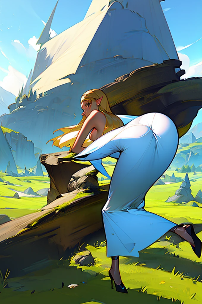 ((zelda)), 1 girl, beautiful face, Princess, wearing transparent white dress without underwear, full body view, long blonde hair, fantasy castle landscape, no underwear, slim body, long legs, wearing high heels, shiny skin, ((bare butt))