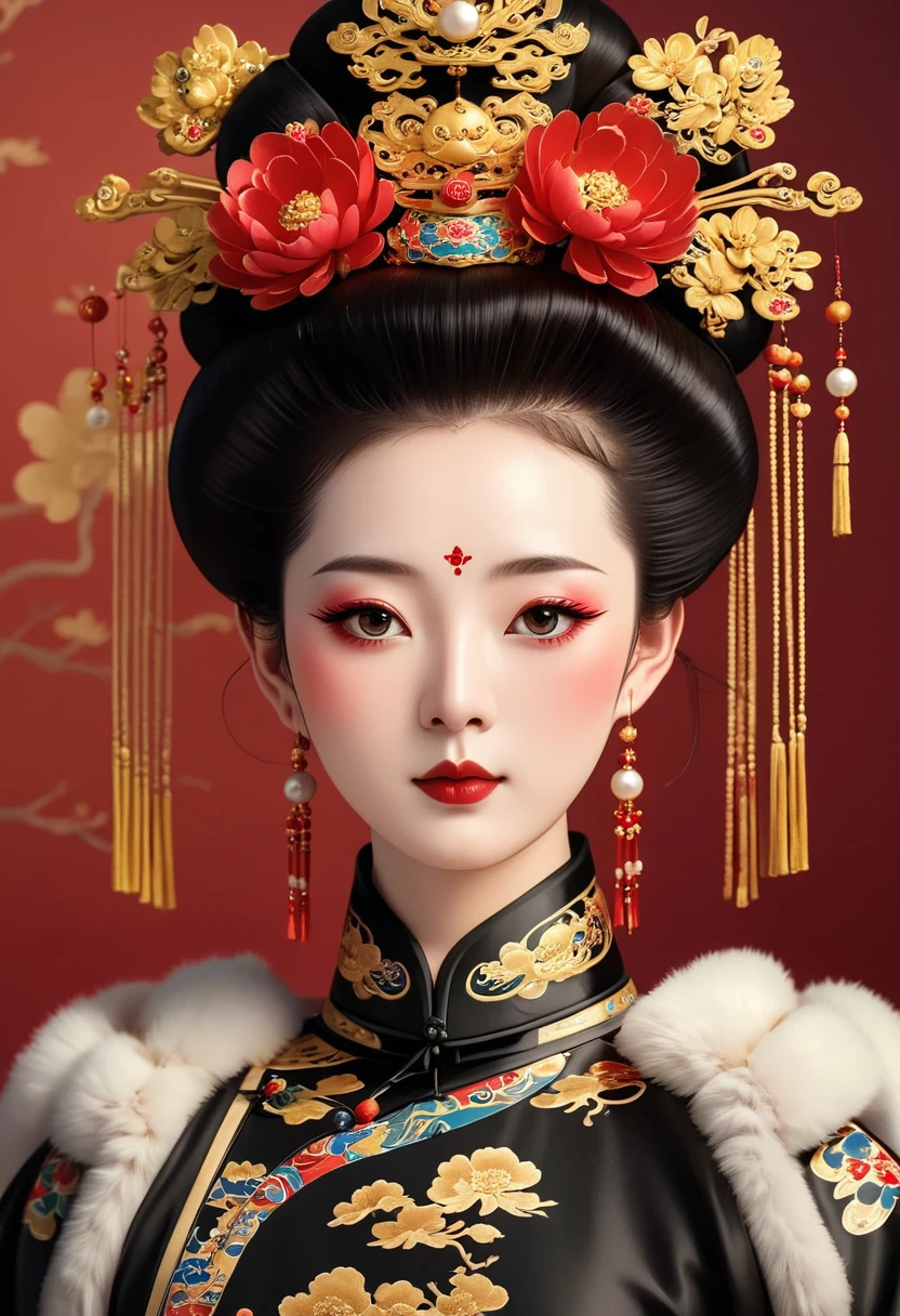 Solemn girl portrait，symmetry，Round Face，Bright Eyes，Smooth skin，Red peony headdress，Elegant and luxurious，Wealth，Gorgeous black and gold costumes，Chinese Qing Dynasty flag costumes,Selfish,Chinese Emperor，High bun，Gorgeous golden crown，tassel，palace，Clean background，(((Wu Zetian，Empress)))，Fur collar cape，Pearl tassels，Pearl Makeup，Red background