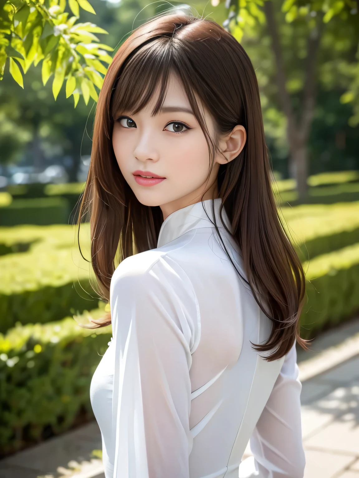 (Best Quality, 8k, 32k, Masterpiece, UHD: 1.3), Attractive Japan Woman Pictures, One Girl, 19 years old , Abs, Perfect Body, Ultra Detailed Face, Detailed Lips, Fine Eyes, Double Eyelids, seductive smile, (white ao dai), light brown hair, bangs, messy hair, elegant pose, sexy girl, Perfect female body, perfect and delicate limbs, Tan Dinh Church,