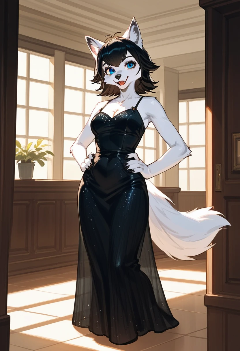 Solo, score_9,score_8_up score_7_up, mavis Dracula from hotel transylvania, short black hair, blue eyes, ((she is also an Anthro furry white wolf girl, white furry body, wolf ears and tail)):1.4, indoors, wearing sexy black gown, standing, indoors, hands on hips