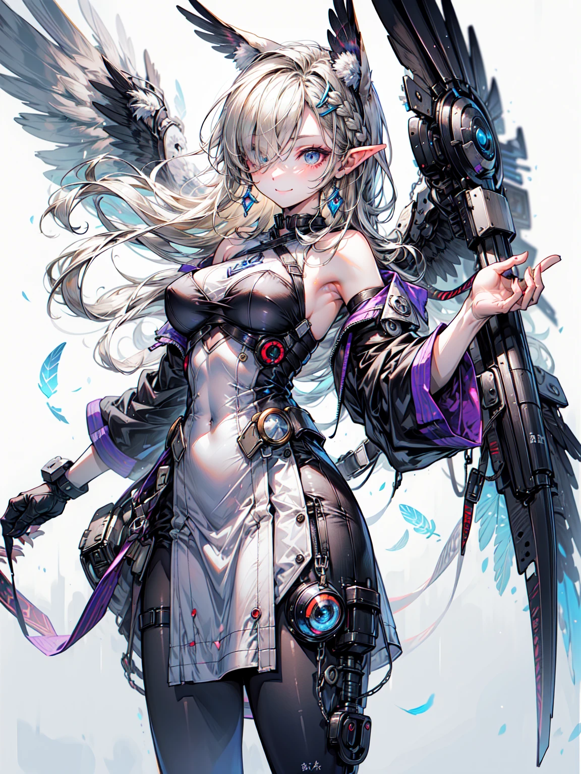 Owl ears, wing, feather, nail, Mechanic, Mechanical body,, ultra detailed, masterpiece, Highest quality, beautiful, detailed,, alone, 優しいsmile, 軽いsmile,
One Girl, blue eyes, とてもLong Hair, blonde, long blonde, French Braid, bangs, Big Breasts,, Hair Ribbon, Frilled Chalk, Cross halter neck, Sleeveless dress, High Waist Skirt, backless dress, Westbow, Removable sleeves, Ruffle sleeves, Wide sleeves, pantyhose, Patterned legwear, Mary Jane, Blake、(Dark Elf), Perfect Face, 優しいsmile、Get used to it, Ahoge, ((Long Hair:1.2)), (Hair above one eye:1.3), [[Messy Hair]], 輝くblondeの白い髪, Purple eyes, Variegated eyes, Colorful Hair, Shining Eyes, (eyelash, eye shadow, ピンク eye shadow), bright, smile, Design Art：Haruhiko Mikimoto, by Kawashi, By Yoshitaka Amano