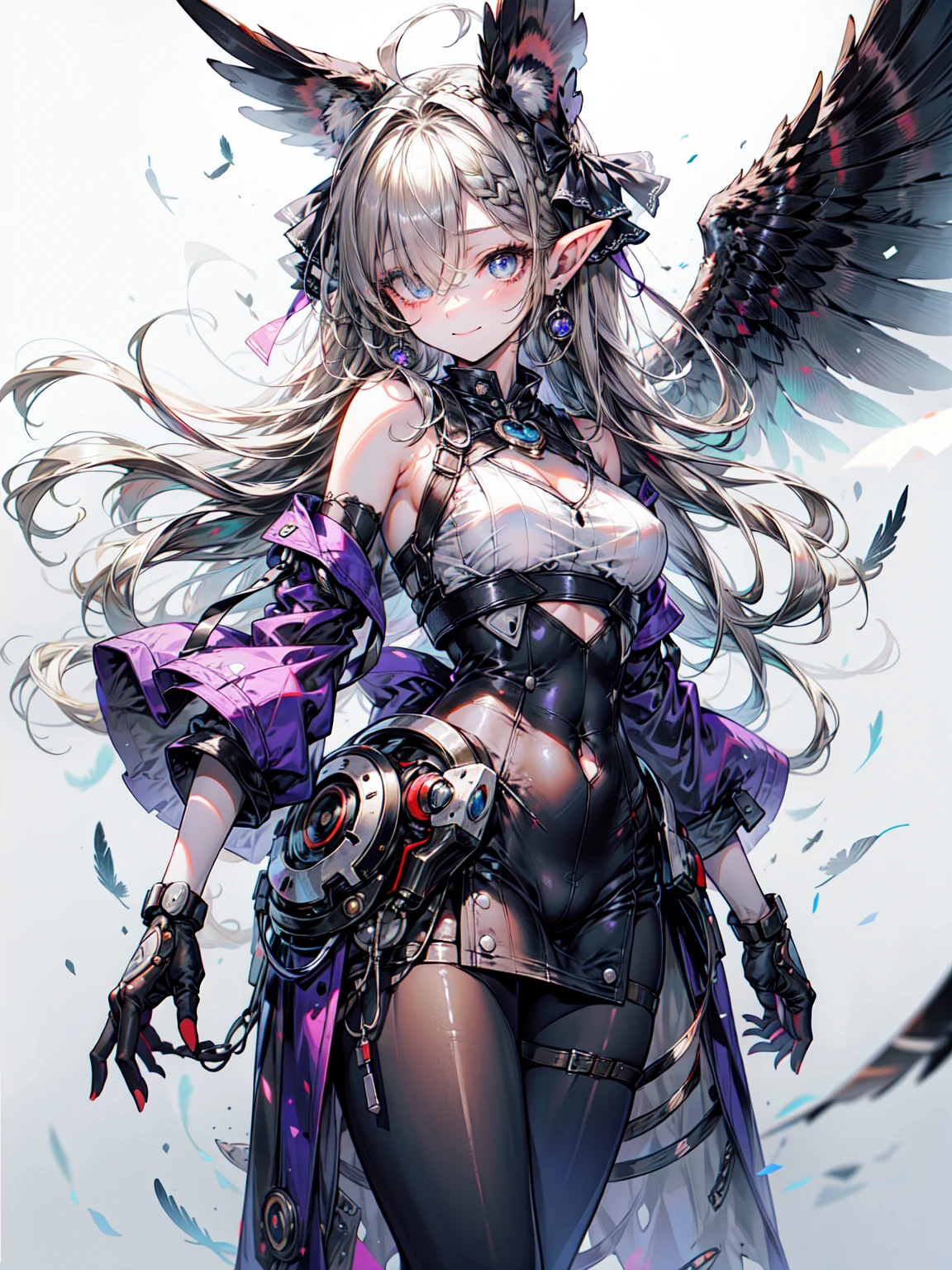 Owl ears, wing, feather, nail, Mechanic, Mechanical body,, ultra detailed, masterpiece, Highest quality, beautiful, detailed,, alone, 優しいsmile, 軽いsmile,
One Girl, blue eyes, とてもLong Hair, blonde, long blonde, French Braid, bangs, Big Breasts,, Hair Ribbon, Frilled Chalk, Cross halter neck, Sleeveless dress, High Waist Skirt, backless dress, Westbow, Removable sleeves, Ruffle sleeves, Wide sleeves, pantyhose, Patterned legwear, Mary Jane, Blake、(Dark Elf), Perfect Face, 優しいsmile、Get used to it, Ahoge, ((Long Hair:1.2)), (Hair above one eye:1.3), [[Messy Hair]], 輝くblondeの白い髪, Purple eyes, Variegated eyes, Colorful Hair, Shining Eyes, (eyelash, eye shadow, ピンク eye shadow), bright, smile, Design Art：Haruhiko Mikimoto, by Kawashi, By Yoshitaka Amano