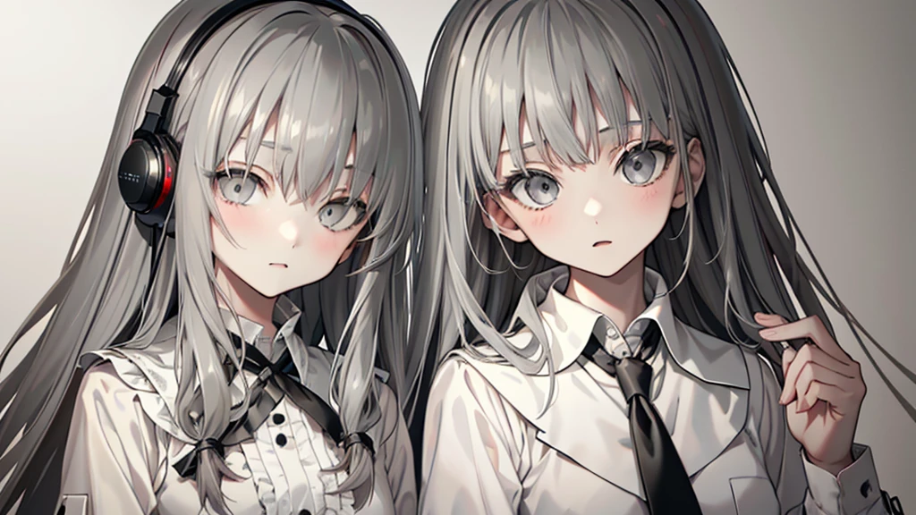 【Highest Quality, masterpiece】 [2girl, Manteau, expressionless, Gray eyes, front facing, Long hair, parka, Upper body] (Gray white background:1.7), black necktie, head phone, Sexy face, Beautiful eyes