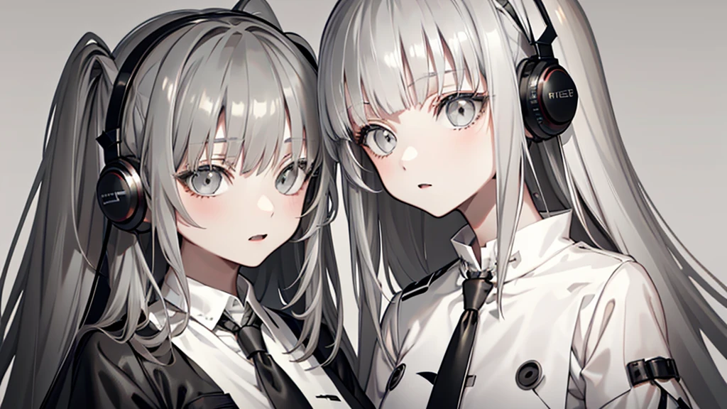 【Highest Quality, masterpiece】 [2girl, Manteau, expressionless, Gray eyes, front facing, Long hair, parka, Upper body] (Gray white background:1.7), black necktie, head phone, Sexy face, Beautiful eyes